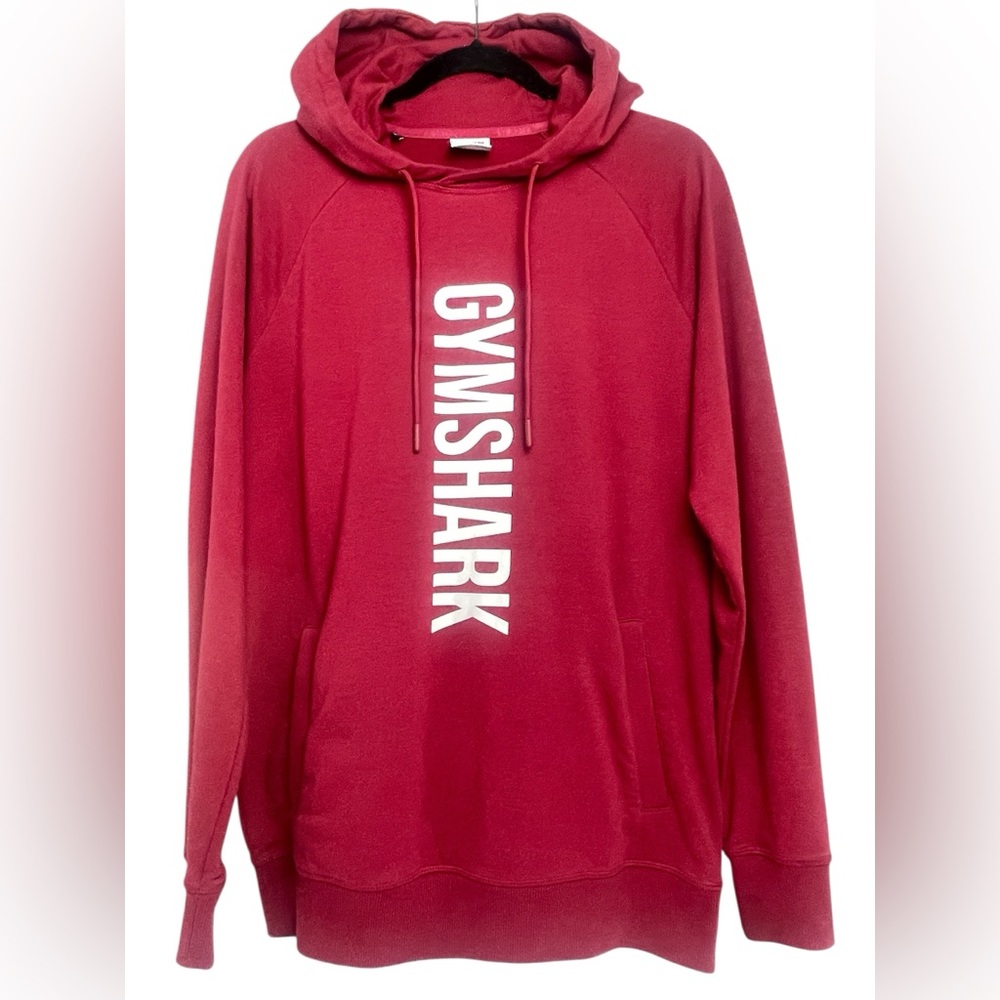 Gymshark Mens Red Bold Hoodie Lightweight Logo Graphic Front Pockets Sz Med